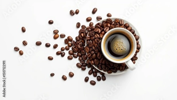 Fototapeta Overhead Shot of Coffee Cup with Beans on White Background Minimalist and Clean Style Coffee Break