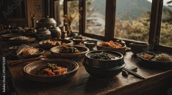 Fototapeta table set with traditional Korean dishes