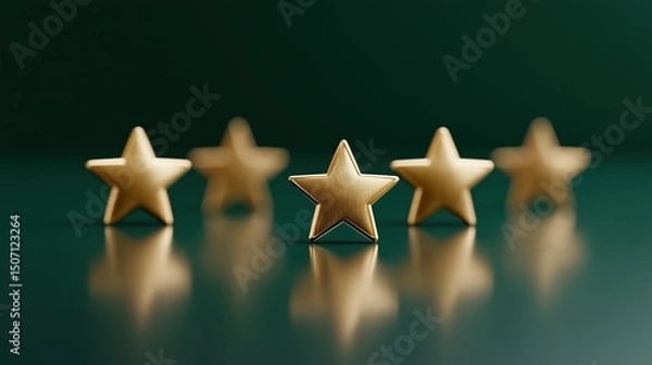 Fototapeta Five Golden Stars Arranged in a Line on a Deep Green Background Representing a High Rating and Quality Assessment Generative AI
