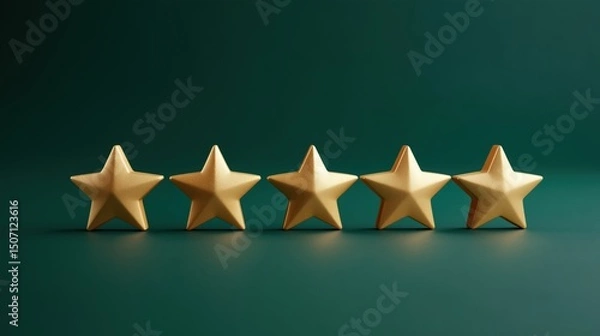 Fototapeta Gold Stars Arranged in a Row on a Rich Green Background Showcasing a Rating Concept for Products or Services Generative AI