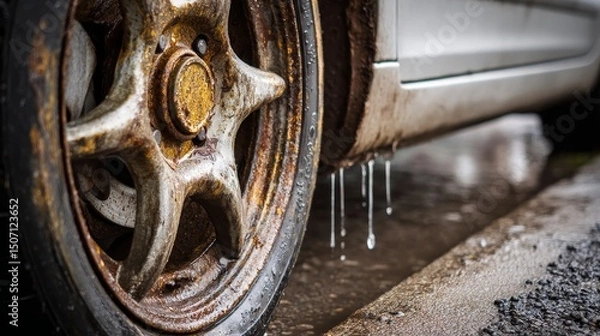 Fototapeta Close-up view of corroded sheet metal over wheel arch of old white car, showing rusty surface with water droplets, damaged paint, dirty texture, road salt decay, aging vehicle and maintenance issues