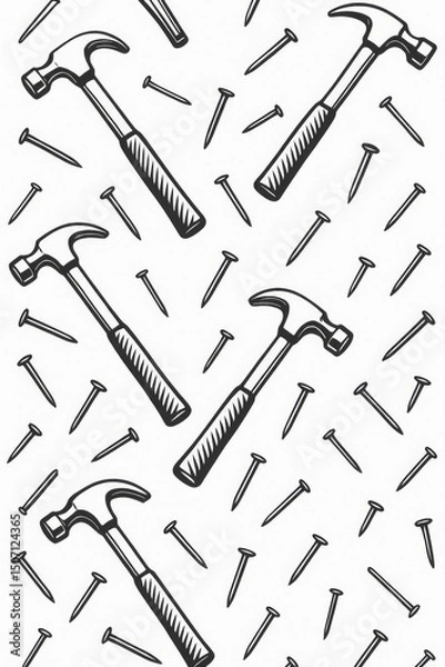 Fototapeta Hammer nails seamless pattern tools construction carpentry building hardware equipment background. Texture wallpaper design. DIY handyman workshop craft repair maintenance vector illustration