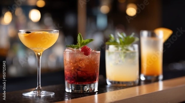 Fototapeta Enjoying a Vibrant Selection of Cocktails on a Stylish Bar Counter in a Dim Atmosphere During Evening Hours Generative AI