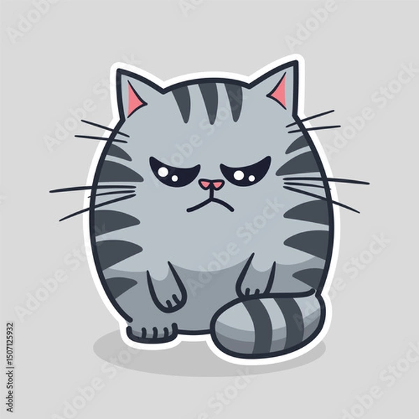 Obraz Cartoon gray striped sad or angry cat with closed eyes, offended; arrogant and silent domestic cat.