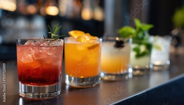 Fototapeta Colorful Cocktails Lined up on a Bar Counter Showcasing Various Ingredients and Garnishes in a Lively Atmosphere Generative AI