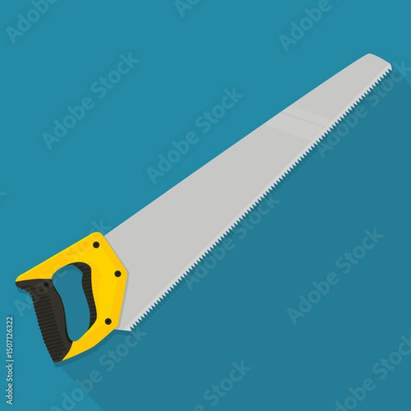 Fototapeta Hand saw in flat design style on blue background with long shadow