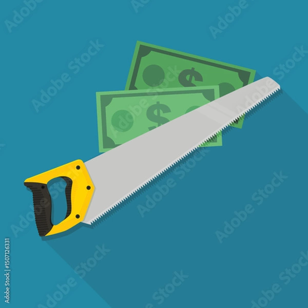 Fototapeta Hand saw with a wad of dollars on a blue background with a long shadow (flat design)