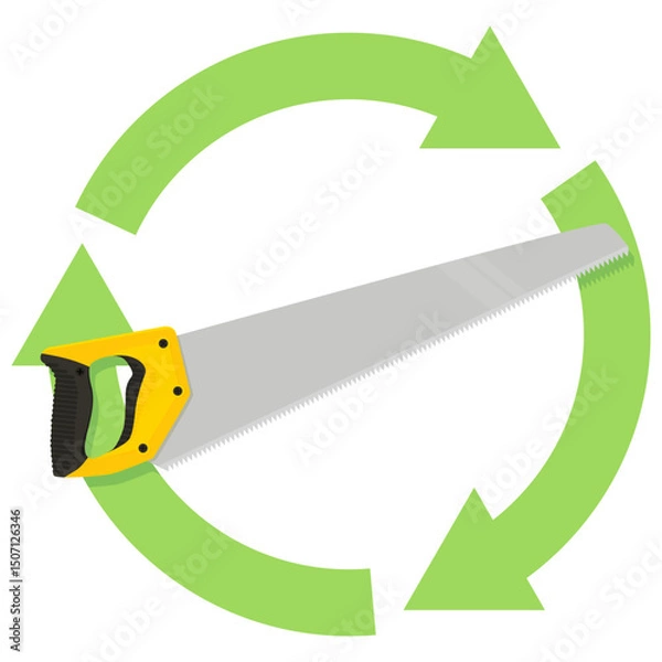 Fototapeta Hand saw with a green circular symbol of three recycling arrows in a flat design style (cut out)