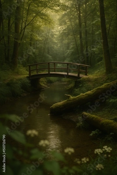 Fototapeta Forest with Wooden Bridge and Mossy Log – Romantic Fall Portrait Background