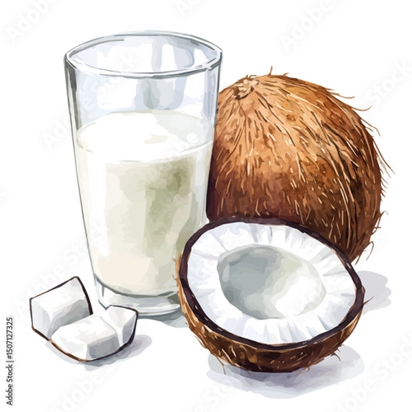 Obraz My Watercolor illustration, illustration, coconut milk painting isolated on a white background, illustration, AI painting design, vector illustration set, eps format