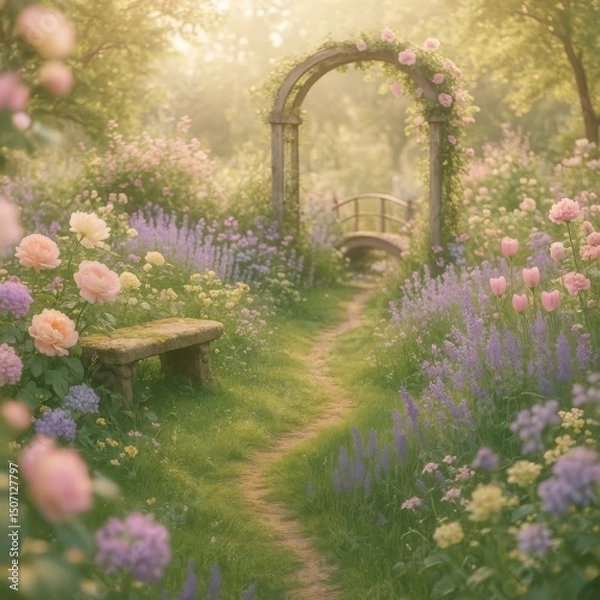 Fototapeta Spring Flower Garden with Wooden Bridge and Mossy Log – Colorful Portrait Background