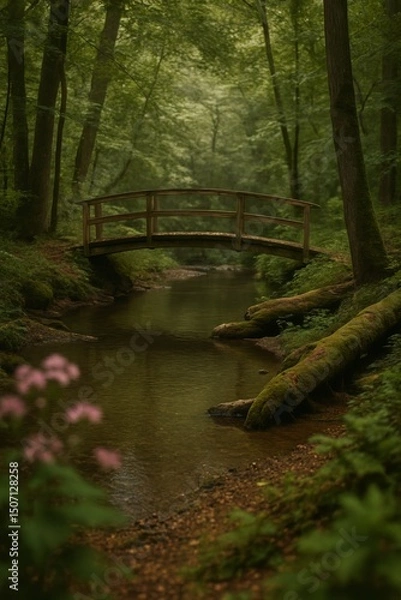 Fototapeta Forest with Wooden Bridge and Mossy Log – Romantic Fall Portrait Background