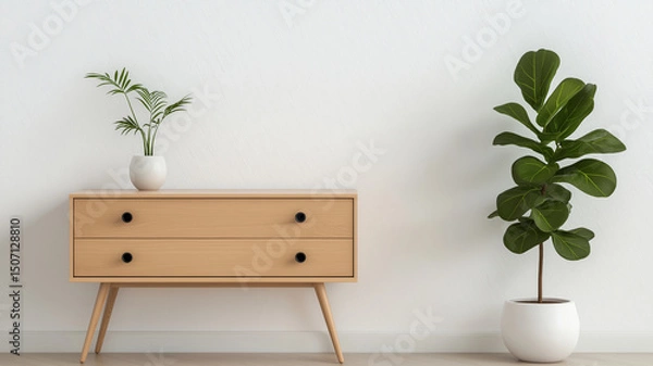 Fototapeta Minimalist interior features wooden sideboard with black knobs and potted plant on top, set against white wall. large potted plant stands beside it, creating serene atmosphere