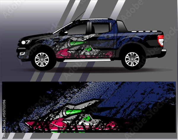 Obraz Car wrap design vector. Graphic abstract stripe racing background designs for vehicle, rally, race, adventure and car racing livery