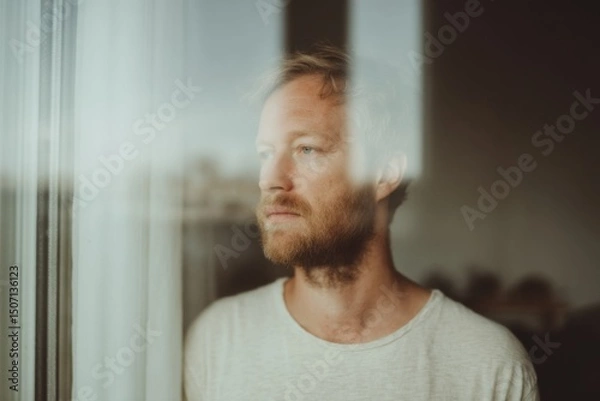 Fototapeta Man Looking Thoughtfully out a Window With Soft Backlight During Quiet Morning Moment in a Cozy Room