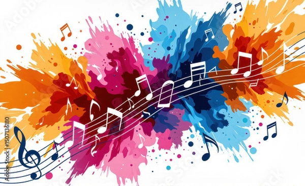 Fototapeta splashed colorful watercolor background with musical sheet and notes