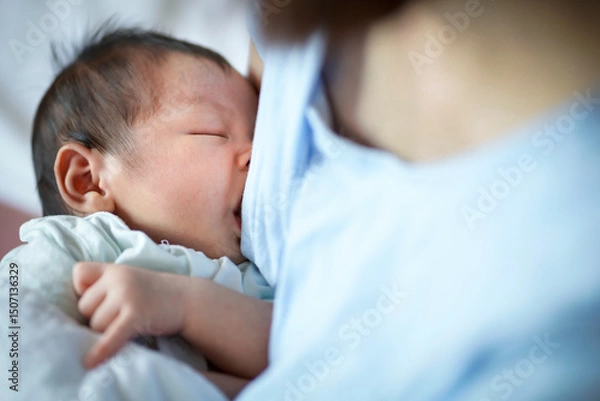 Obraz Mother nursing her newborn baby in a cozy setting during daylight hours