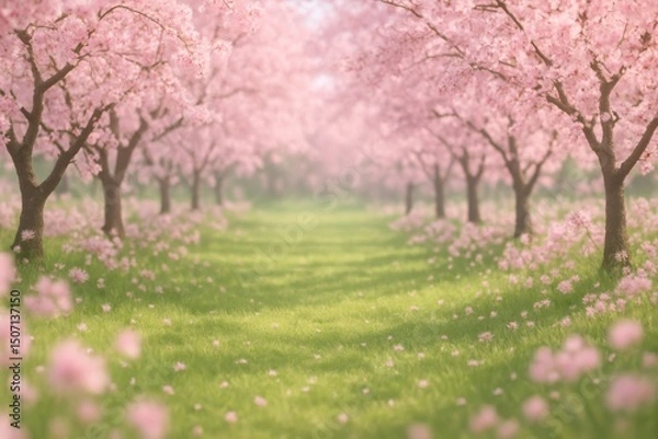 Fototapeta Cherry Blossom Garden with Wooden Bridge and Mossy Log – Spring Background for Portraits