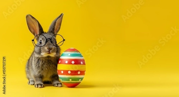 Obraz Bunny with Glasses and Easter Egg on Yellow Background