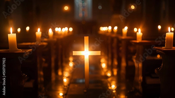 Fototapeta Candlelit Christian Cross in Dark Worship Atmosphere – Illuminated Sacred Symbol