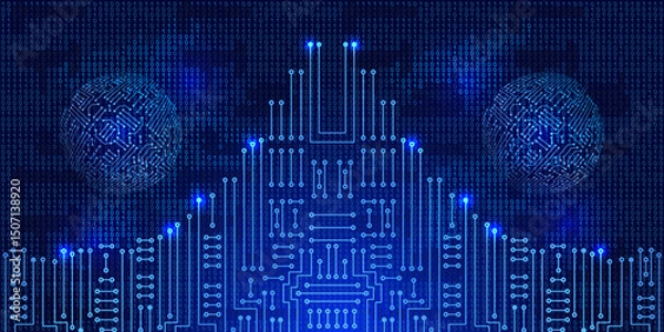 Obraz Electronics circuit with binary code. Futuristic digital design world of artificial intelligence and digital  technology for banners, tech backgrounds, and innovative branding.
