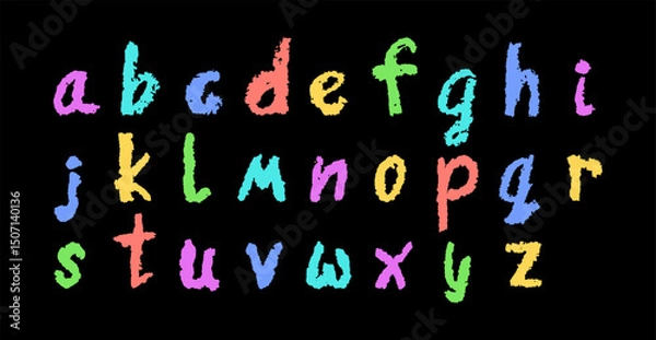 Fototapeta Colorful English alphabet hand-drawn in a crayon. Lowercase color letters in chalk, pastel, or wax style. Highlighter effect on black board for kindergarten drawing and learning. Vector illustration