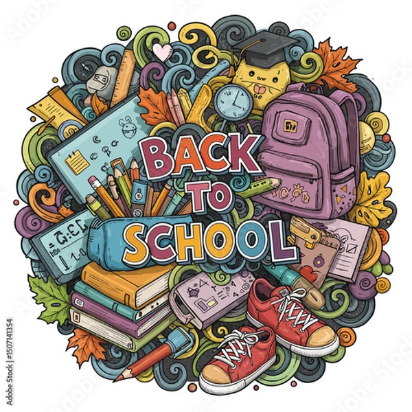Fototapeta Back to school doodle a large set of elements. Vector illustration in line.