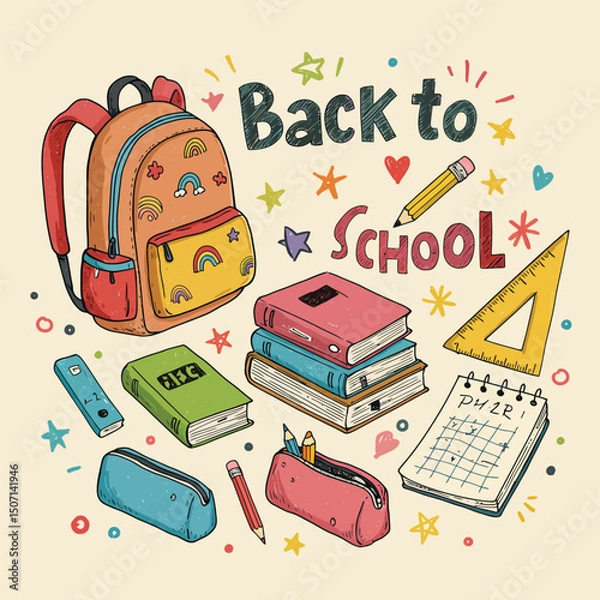Fototapeta Back to school doodle a large set of elements. Vector illustration in line.