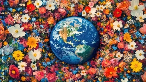 Obraz planet earth between spring flowers