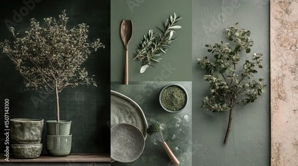 Obraz moodboard of interior design, styles in green and beige