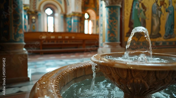 Fototapeta Baptismal Font with Holy Water in a Church - Sacred Christian Baptism Ceremony Symbol