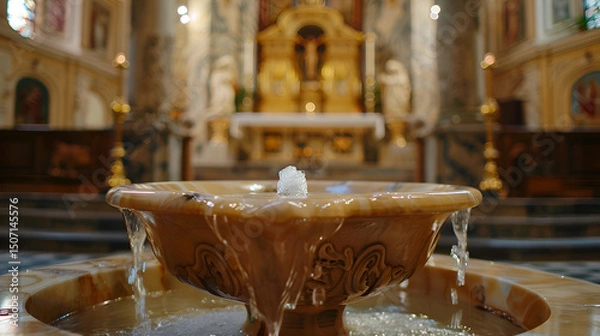 Fototapeta Baptismal Font with Holy Water in a Church - Sacred Christian Baptism Ceremony Symbol