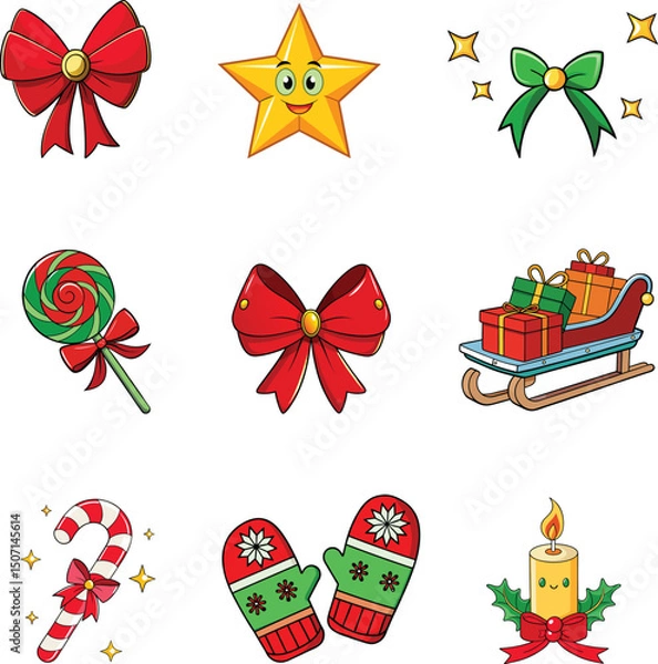 Obraz set of christmas elements  Cute Holiday Cartoon Vector Elements Xmas Icons Winter Decor bundle new 2025 trendy unique
