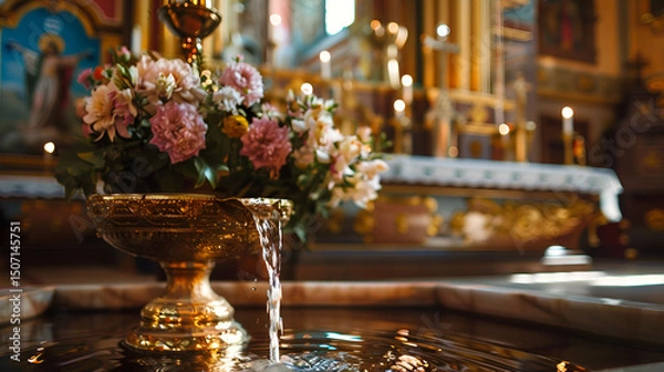 Fototapeta Baptismal Font with Holy Water in a Church - Sacred Christian Baptism Ceremony Symbol