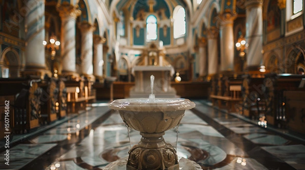 Fototapeta Baptismal Font with Holy Water in a Church - Sacred Christian Baptism Ceremony Symbol