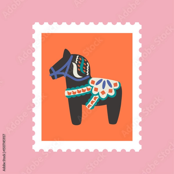 Fototapeta 2026年　ダーラナホースの切手フレームベクターイラスト（背景あり）