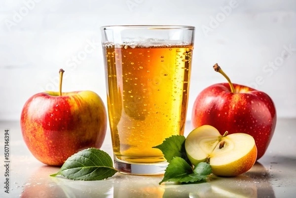 Obraz Glass of fresh apple juice with bubbles, surrounded by red apples, green leaves, and sliced apple on white background