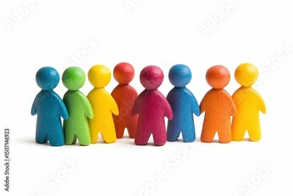 Fototapeta  A group of people are standing in a line, with some of them being green, red., isolated on white background.