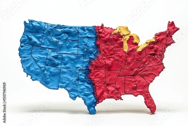 Obraz A map of the United States is cut in half, with the red. , isolated on white background.