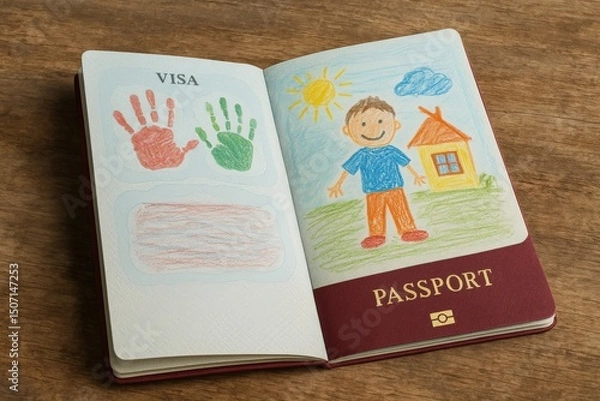Fototapeta Open passport with child drawing and handprints instead of a visa