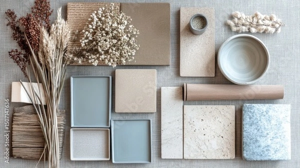 Obraz moodboard of interior design, Scandinavian, Japandi styles in light blue and beige
