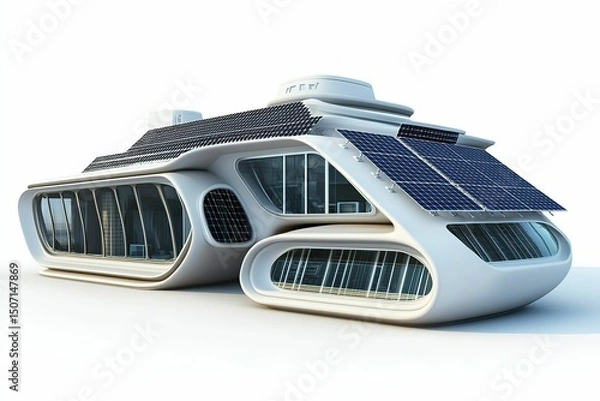 Obraz A futuristic house with solar panels on the roof.  , isolated on white background.
