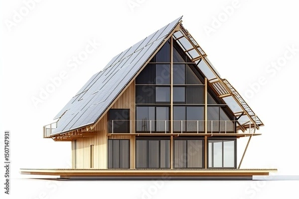 Obraz A large wooden house with a slanted roof and lots of windows. , isolated on white background