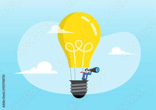 Fototapeta a businessman flying in a bulb-shaped hot air balloon while looking through a telescope