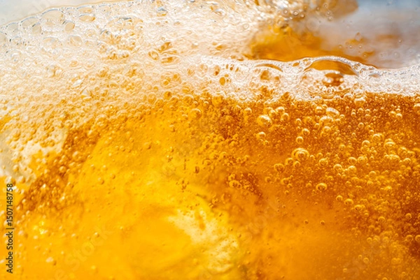 Fototapeta Close up bright orange Oil or beer splash texture and nature waves, Beautiful waves curve and little bubbles smooth for graphic design and background, Oil Bubbles, Soft beer bubbles, Selective focus