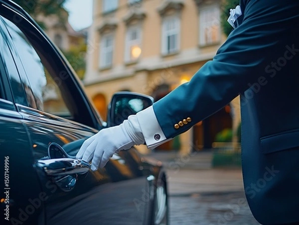 Obraz Professional chauffeur opening car door urban setting cinematic shot sophisticated environment close-up viewpoint