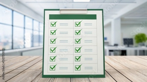Obraz ESG compliance strategy concept. Checklist on a clipboard in a modern office setting.
