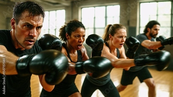 Fototapeta Group of determined athletes wearing boxing gloves practicing punches during an intense workout session in a modern gym, showcasing their strength and dedication to fitness