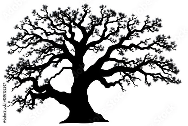 Fototapeta Autumn oak tree silhouette vector with roots and branches, a black illustration of nature's design
