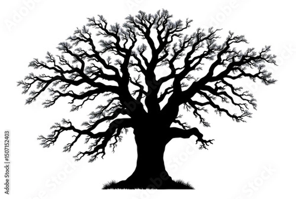 Fototapeta Autumn oak tree silhouette vector with roots and branches, a black illustration of nature's design
